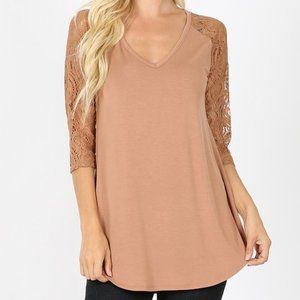 Lace Long Sleeve V-Neck Dolphin Hem Top